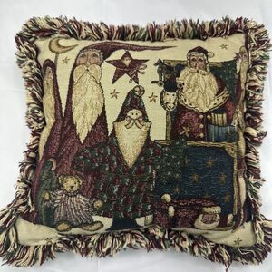 Vintage Portofino Tapestry Christmas Throw Pillow Santa's with Fringe Holiday